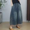 Pantaloni largi din denim brodat de vară pentru femei, elastici, largi, casual, stil vintage, pantaloni nouă sferturi, de damă