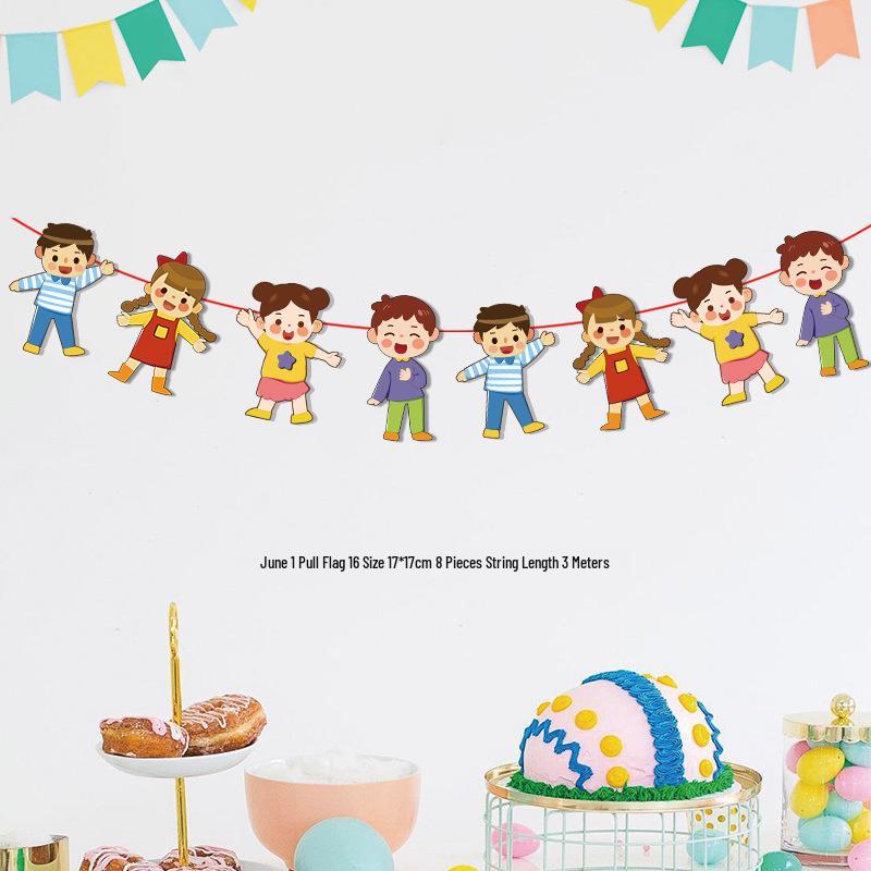 Children's Day Classroom Decorations: Cartoon Flag Banners for Kindergarten Activities