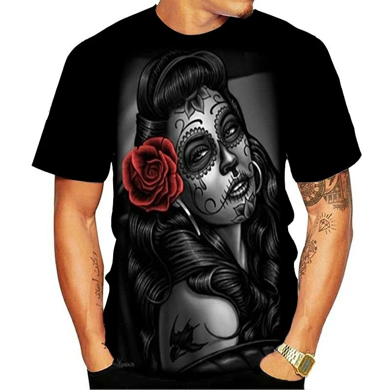 Summer Round Neck 3D Skull Beauty Pattern Print Top Fashionable Casual Short Sleeved Men's T-shirts