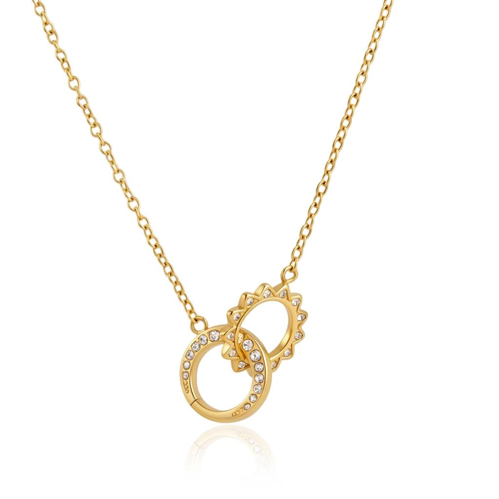 Sun Double Ring Titanium Steel Necklace with Rhinestones, Light Luxury Niche Collarbone Chain, Non-Fading Accessory for Women, European and American