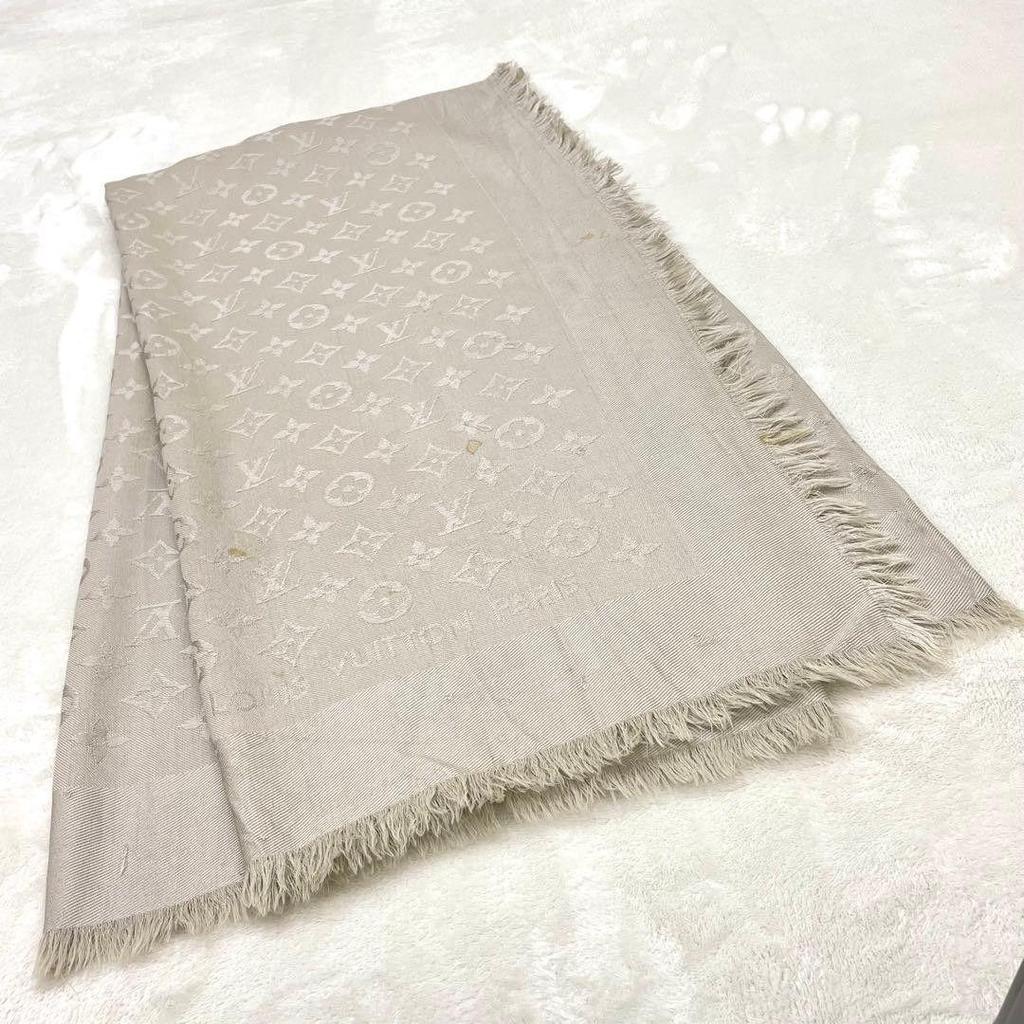 Used Louis Vuitton Monogram Large Stole Shawl Silk Wool Gray