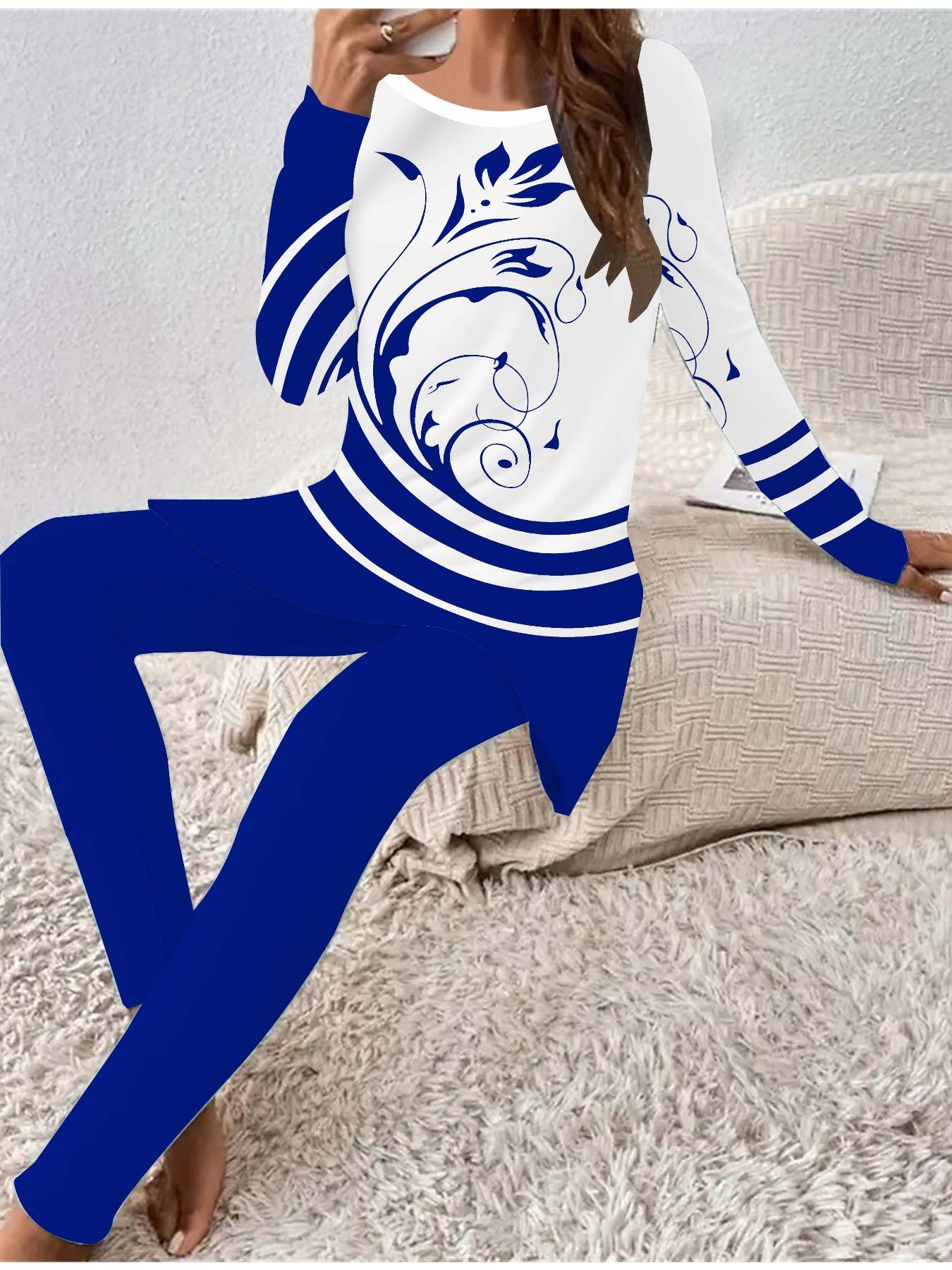 

Euro-American Fashion 3D Leaf Printed Women s Four-season Long-sleeved T-shirt + Long Pants Two-piece Set. Perfect Gift for New Year & Christmas 8XL синій