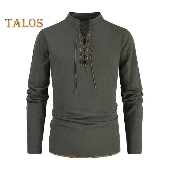 Spring Autumn Men Shirt Lace-up Stand Collar Long Sleeves Solid Color Loose Retro Medieval Mid Length Casual Commuting Office Top