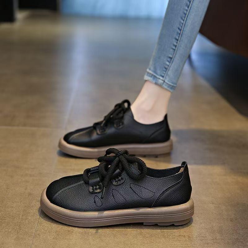 College Style Flat-soled Small Leather Shoes Women's Lace-up Versatile Big Head Round Head Single Shoes Autumn New Student Casual Shoes