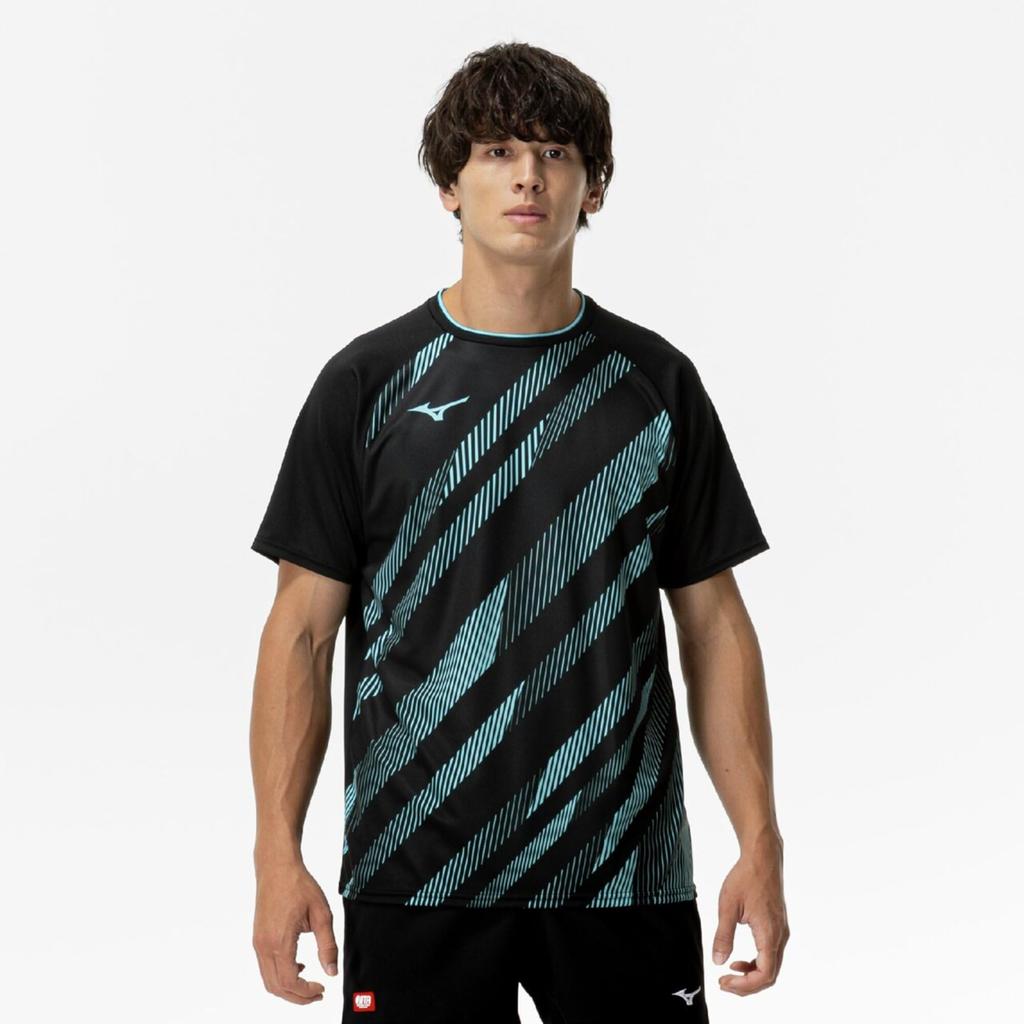Mizuno Table Tennis Game Shirt, Short Sleeve, JTTA Certified, Moisture-Wicking, Quick-Drying, Unisex, 82JAC102, Black/Blue
