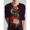 Round Neck 3D Snake Printed Top Casual Long Sleeved Men's T-shirts - Soft Medium Stretch Polyester Fabric Spring and Autumn Relaxed Fit Clothing