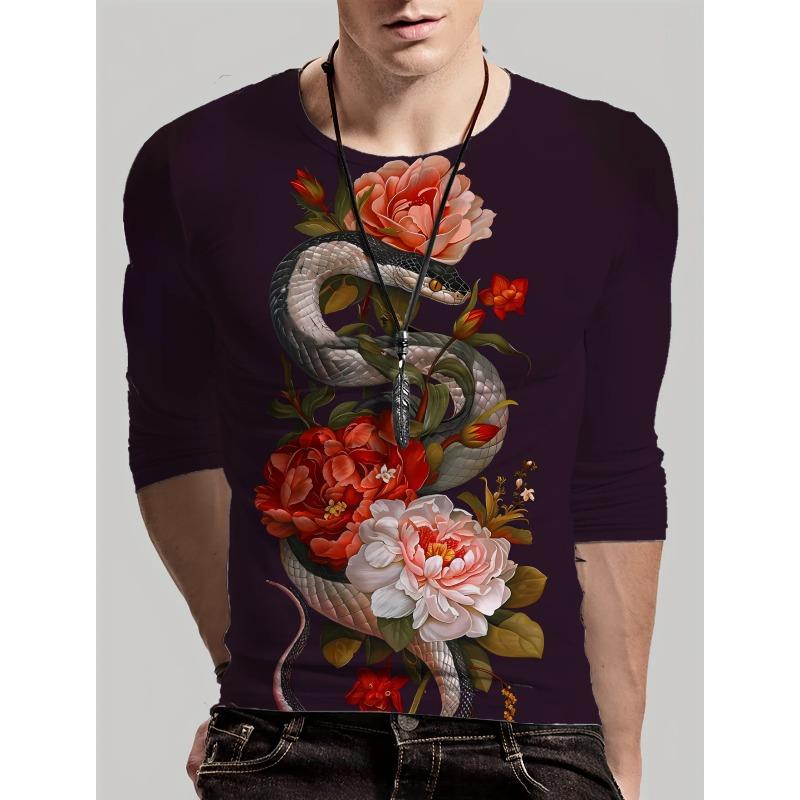 Round Neck 3D Snake Printed Top Casual Long Sleeved Men's T-shirts - Soft Medium Stretch Polyester Fabric Spring and Autumn Relaxed Fit Clothing