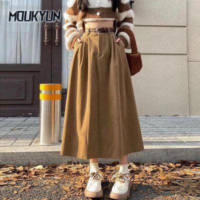 Jupes coréennes marron pour femmes, jupe longue d'hiver en velours côtelé taille haute, jupe plissée trapèze de style universitaire pour dames