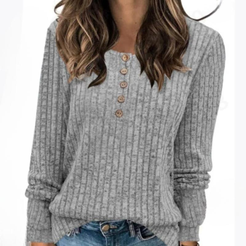 Women's Round Neck, Pit Stripe, Frosted, Solid Color Button, Solid Color Long Sleeved T-shirt