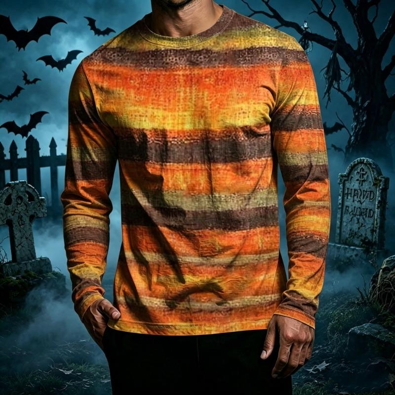 Men Halloween Long Sleeve T‑Shirt Cute Ghost Pumpkin Candy 3D All‑Over Print Crew Neck Casual Party Tees