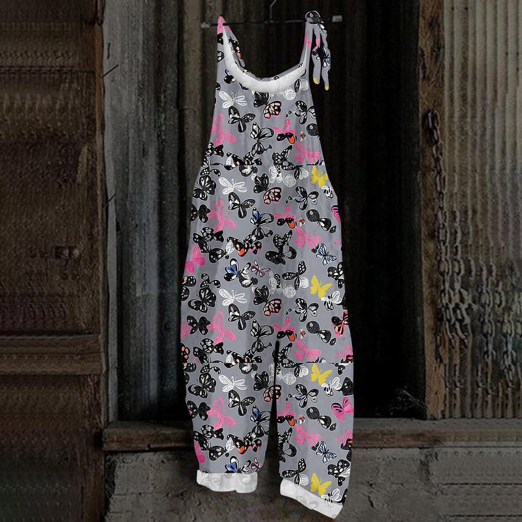 Kombinezon damski z nadrukiem świątecznym, swobodny, luźny, vintage, na ramiączkach, bawełniany, lniany