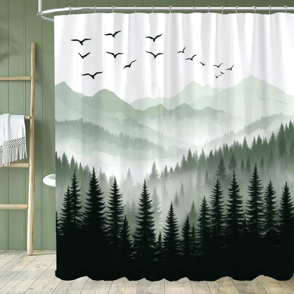 Misty Mountain Shower Curtain: Embrace the Serene Design, Soft Fabric, Natural Landscape Bathroom Decorative Curtain With Hooks