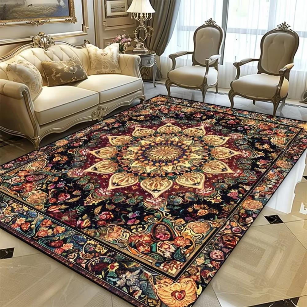 Černý Květinový Perský Turecký Tištěný Koberec pro Dekor Obývacího Pokoje Podložka na Podlahu v Prostoru Pohovky Koberček k Posteli Balkon Kuchyňská Stolní Podložka