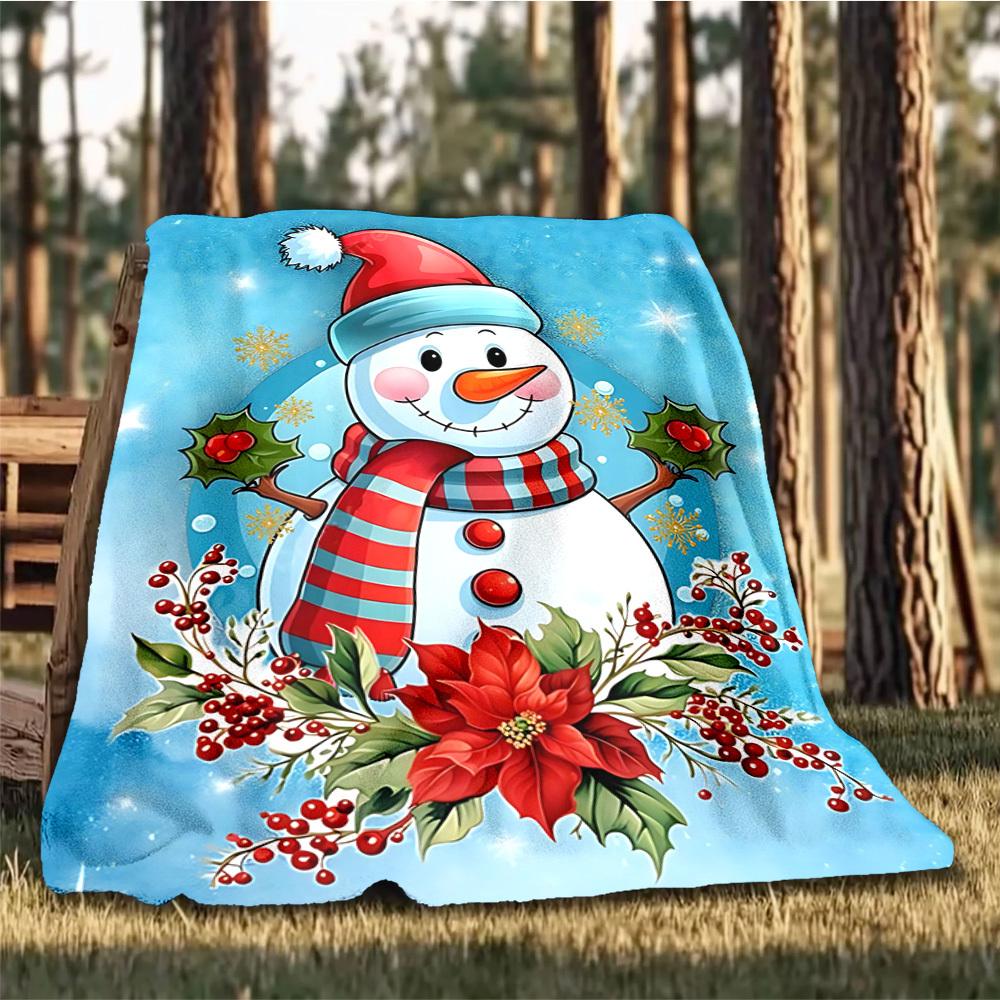 1pc Christmas Snowman Outdoor Flannel Blanket Soft All Season Polyester Throw , Perfect for Picnics & Travel , Picnic Accessory