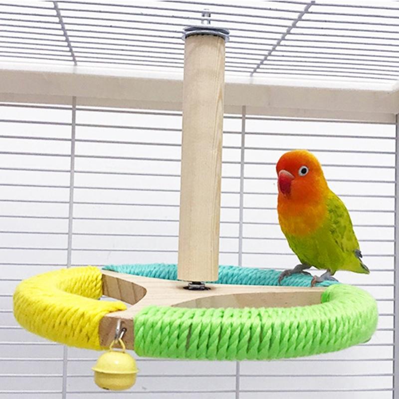 Wood Rotating Bird Perch Stand Toy For Parrots Budgies Cockatiels with Nonslip Exercise Wheel And Colorful Bells Decors
