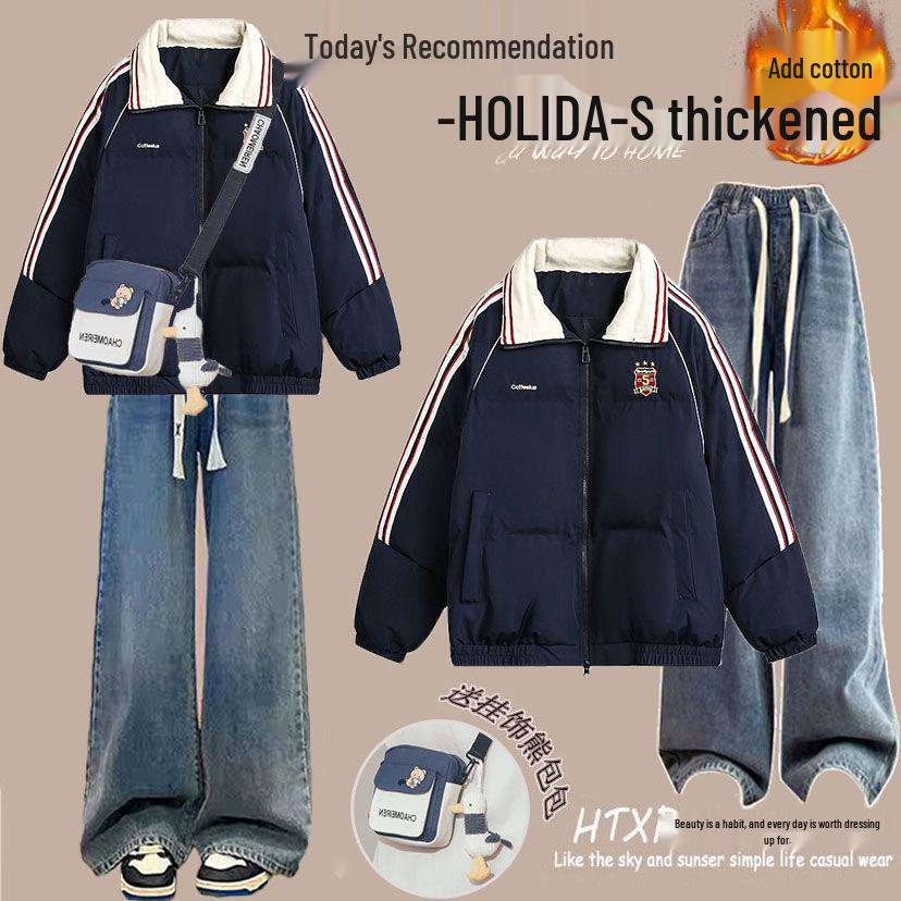 Colorblock Winterset: Lässiger Baumwollmantel im koreanischen Stil & Jeans mit Kordelzug für Studentinnen