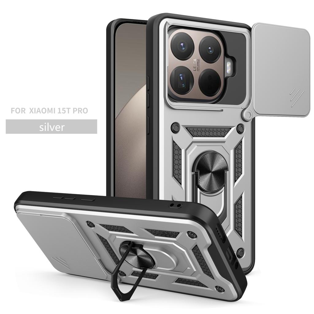 Sliding Window Armor Shockproof Case For Xiaomi 15T Pro Magnetic Ring Holder Camera Lens Protection Phone Cover Coque Fundas