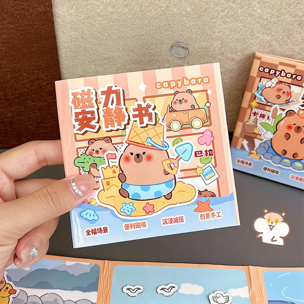 Capibara Theme DIY Sensory Quiet Book for Girls No-Cut Busy Book Fine Motor Skills Toy Reusable Sticker Squeeze Sensory Bean Bag Book for Kids