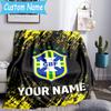 Custom Name Brazilian Football Emblem Flannel Blanket, Use for Birthday/Holiday Gift, Soft Blanket for Sofa/Bed/Camping/Office, Home Decor