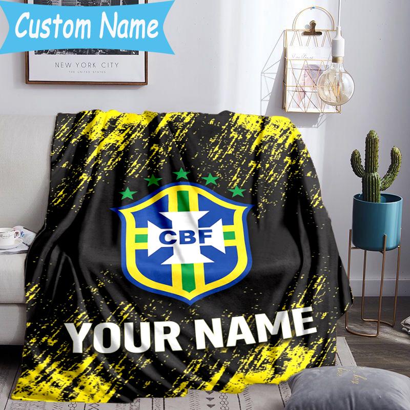 Custom Name Brazilian Football Emblem Flannel Blanket, Use for Birthday/Holiday Gift, Soft Blanket for Sofa/Bed/Camping/Office, Home Decor