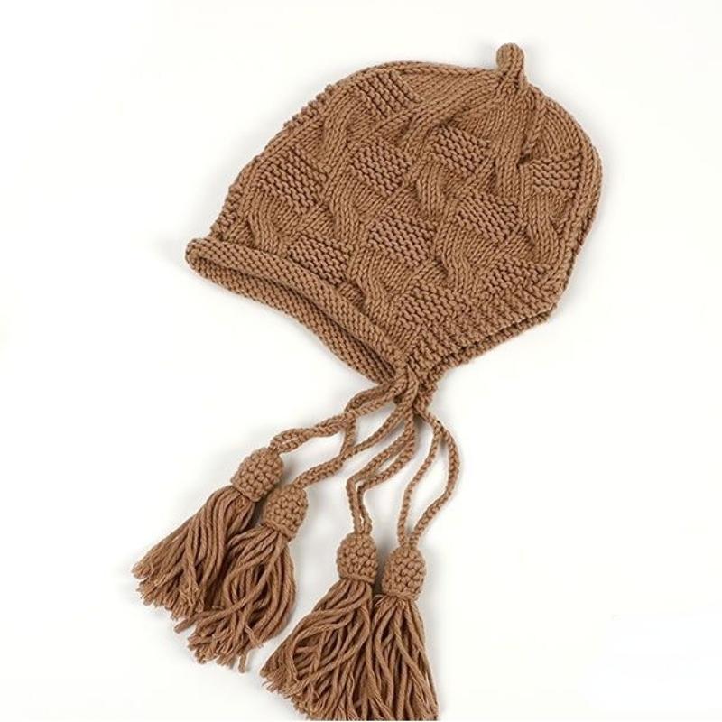 Ear Protection Wool Hat Female Versatile Knitting Tassel Plait Hat Autumn Winter Ladies Tassels Hat