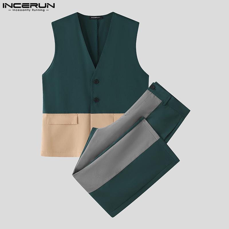 INCERUN Two Pieces Men Sleeveless Patchwork Waistcoat and Long Straight Pants Sets