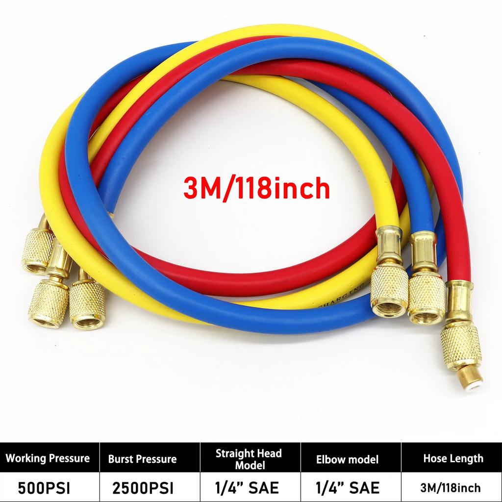 3PCS Refrigerant Charging Hose 500-25000PSI 1/4" Thread Fits for R12 R22 R134A Car Air Conditioning HVAC Charging Manifold Gauge