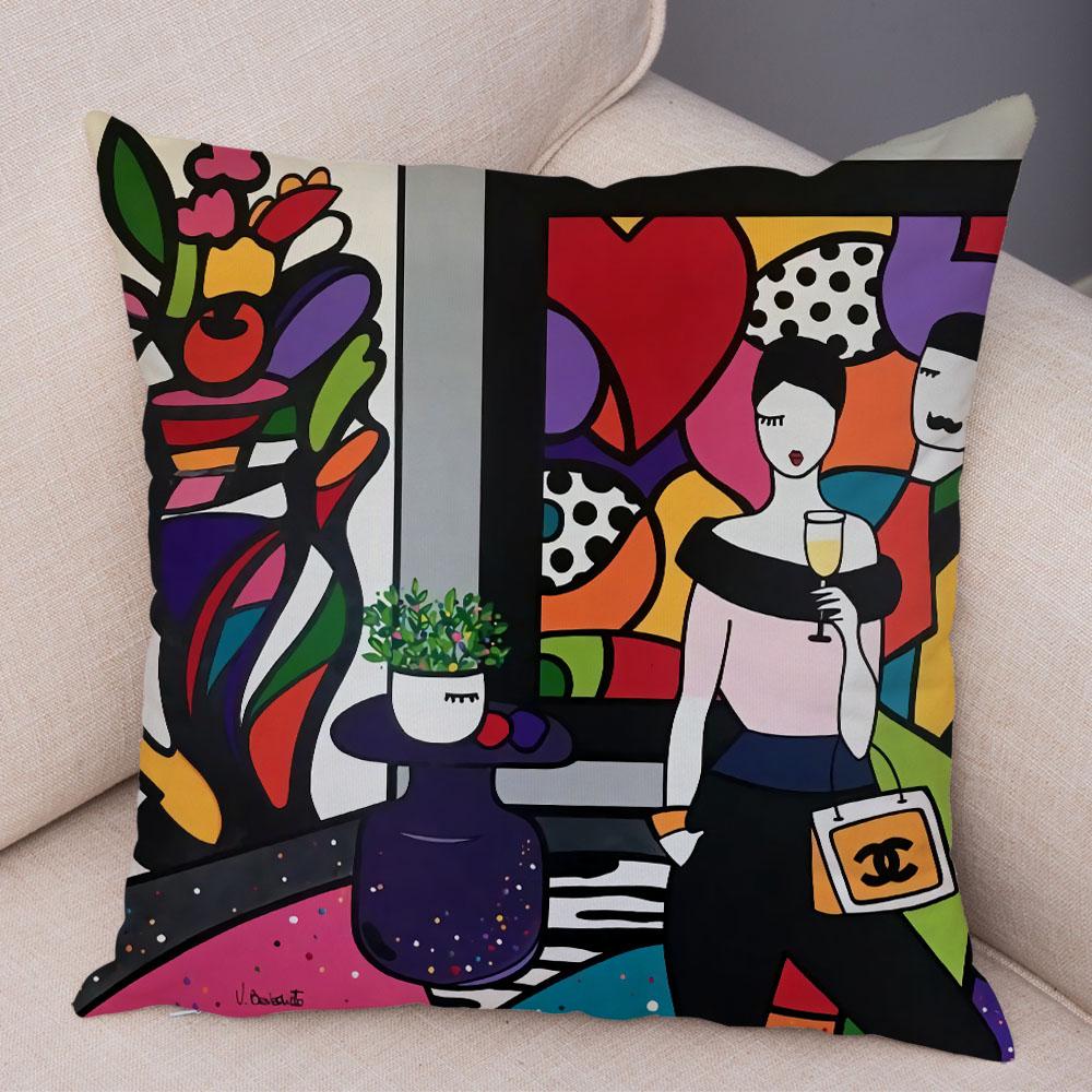 Geometric Cartoon Girl Colorful Abstract Art Drawing Pillowcase Sofa Cushion Cover Home Car Decor Home Decor