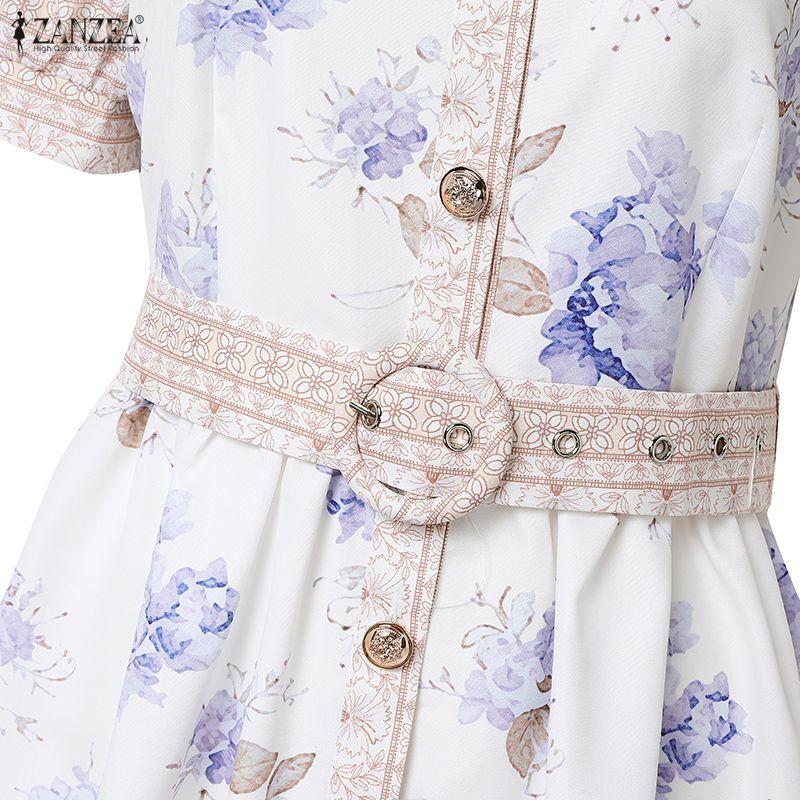ZANZEA Women Turn Down Collar Summer Short Sleeve Casual Print Dress
