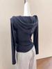 Women's Korean V-Neck Dark Blue Hooded Zip-Up Sweatshirt - Autumn, High-End, Waist-Cinching, Slimming, Trendy.