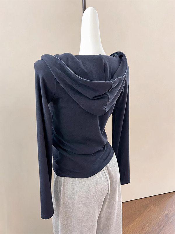 Women's Korean V-Neck Dark Blue Hooded Zip-Up Sweatshirt - Autumn, High-End, Waist-Cinching, Slimming, Trendy.
