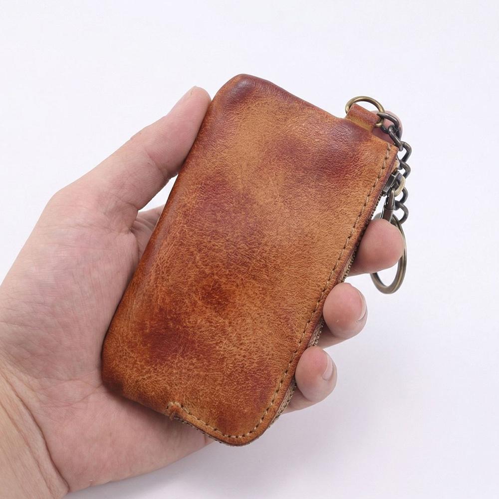 Handmade Vintage Genuine Leather Coin Purse Mini Zipper Wallet Cowhide Key Holder Small Pouch Retro Change Bag for Men Women