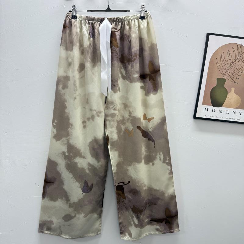 Damen-Blumen-Baumwoll-Seiden-Pyjama - Große Größen, Sommer, Leicht, Für draußen, Gerades Bein, Lockerer Schnitt