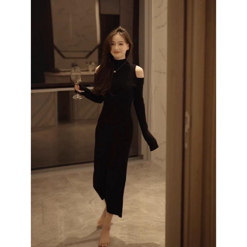 

[] Красивое маленькое черное платье Хепберн станет красивым черным трикотажным платьем с открытыми плечами осенью XL чёрный