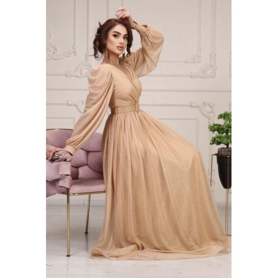 Zweireihiges Abendkleid mit Kragen, Gürtel und Ballonärmeln aus glitzerndem Tüll TE Settür Abendkleid