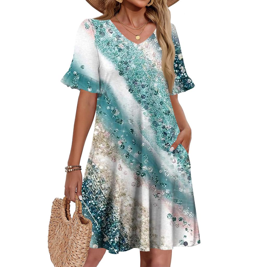 Robe d'été trapèze pour femme à manches courtes et col en V imprimée avec poches