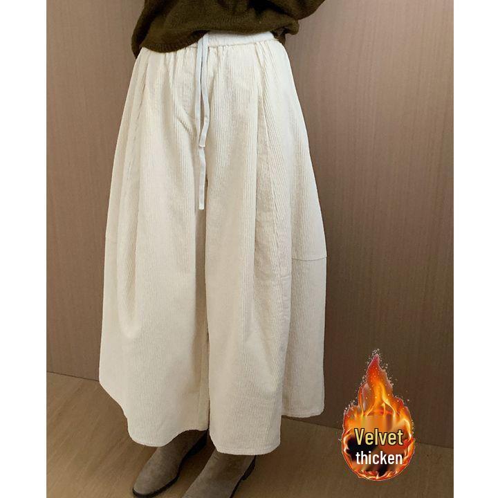 Korean Style Slimming Wide-Leg Corduroy Wool Pants for Women