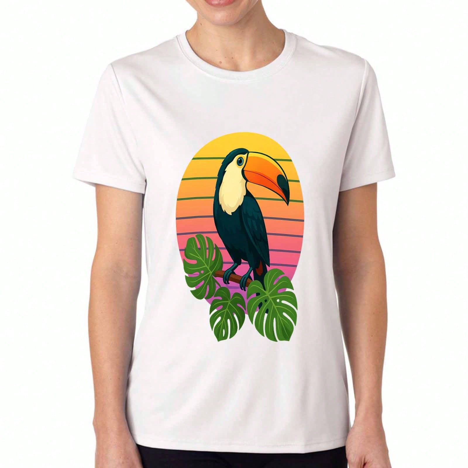 Toucan And Monstera Ladies Cotton T Shirt, Pure Cotton HighQuality Printing, Durable, Casual And Fashionable, Exotic Tropical Bird And Foliage Graphic S разноцветный