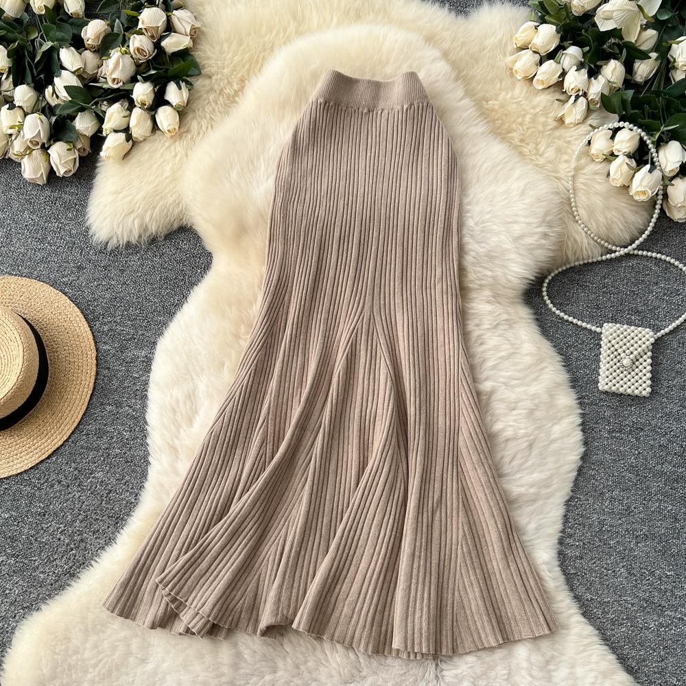 

Осень Зима Женская Элегантная Вязаная Длинная Миди Юбка Годе Облегающая Фигуру One Size хаки