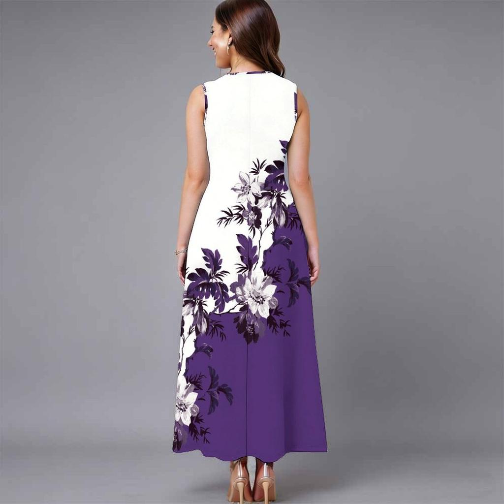 Women Plus Size Sleeveless Round Neck Dress Retro Floral Pattern Loose Flowy Midi Gown