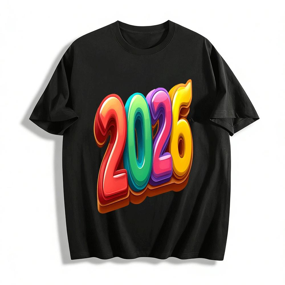2026 New Year Themed Colorful Number Print Casual Loose Top Pure cotton T-shirt XXS