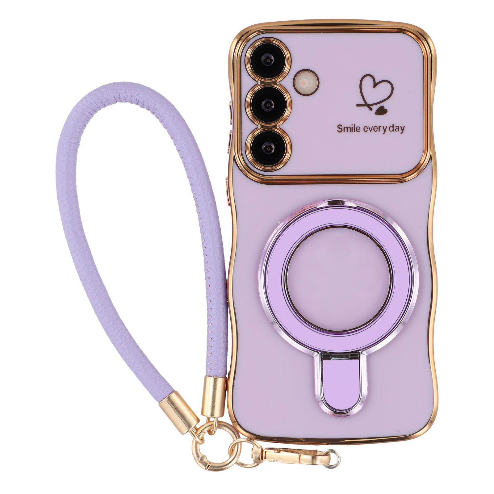 

For Samsung Galaxy S25+ Case Kickstand Electroplating Wave Frame Love Printing TPU Back Cover with Hand Strap Purple