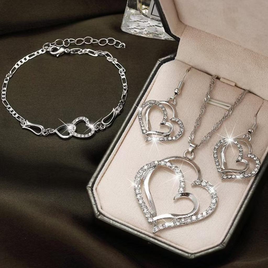 Double Heart Necklace, Earrings, And Bracelet Jewelry Set; Fashionable Accessories; Romantic Mother'S Day Gift.