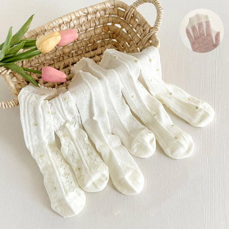 3Pairs/Set White Floral Baby Girls Socks Summer Breathable Mesh Knee High Sock Korean Kids Princess Ruffle Long Socks