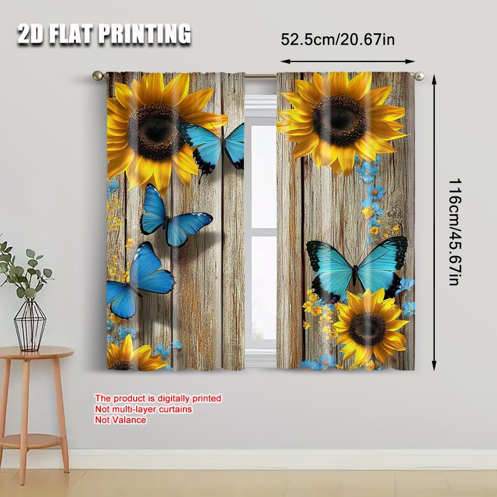 Flat Printing Scene Curtains Butterflies Sunflowers Wooden Wall Durable Polyester Fabric Without Electricity Set Of 2 Made