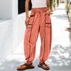 Women's Sanitary Pants, Wide Leg Pants, High Waist, Leg Cinching, Patchwork Pockets, Casual Pants