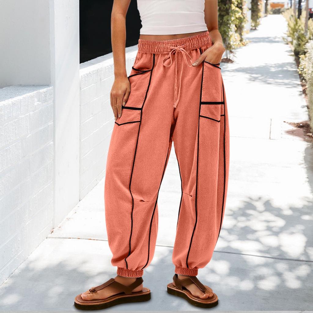 Women's Sanitary Pants, Wide Leg Pants, High Waist, Leg Cinching, Patchwork Pockets, Casual Pants