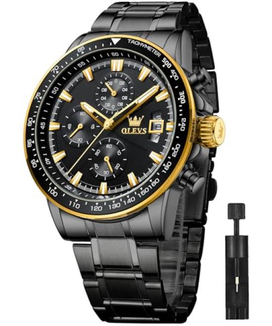 OLEVS Men's Quartz Watch, Stylish Multi-Function Watch with Stainless Steel Case, Waterproof, Luminous Display, Date Display, Analogue Watch,