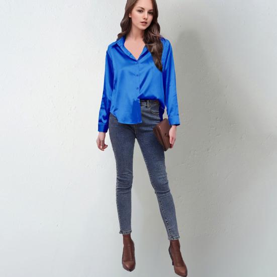 Women Shirt Lapel Long Sleeve Smooth Satin Shirt Tops Solid Color Loose Fit Casual Shirt Office Lady Shirt Daily Wear