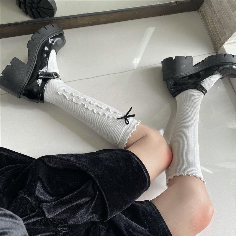 Sosete până la genunchi cu fundă și urechi de lemn din bumbac, culoare uni | Șosete drăguțe din dantelă Lolita japoneză pentru femei